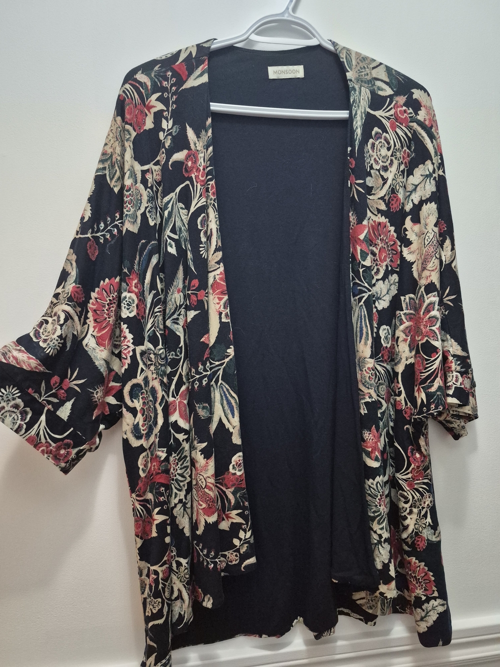 Monsoon Black Floral Open-Front Kimono Cardigan with Red and Cream Blooms